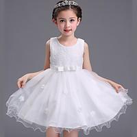 Ball Gown Short / Mini Flower Girl Dress - Cotton Satin Tulle Jewel with Bow(s) Embroidery Flower(s) Pearl Detailing Sash / Ribbon