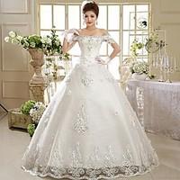 Ball Gown Wedding Dress Floral Lace Floor-length Off-the-shoulder Lace with Appliques Beading