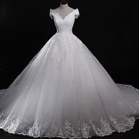 Ball Gown Wedding Dress Vintage Inspired Chapel Train Off-the-shoulder Tulle with Appliques Lace