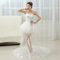 Ball Gown Wedding Dress See-Through Court Train Sweetheart Lace with Appliques Beading Bow Sash / Ribbon