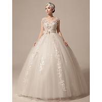 Ball Gown Wedding Dress Sparkle Shine Floor-length V-neck Tulle with Appliques Beading