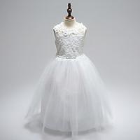 Ball Gown Ankle-length Flower Girl Dress - Lace Satin Tulle Sleeveless Jewel with Appliques Bow(s) Embroidery Lace