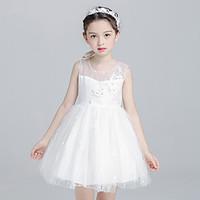 Ball Gown Short / Mini Flower Girl Dress - Cotton Satin Tulle Jewel with Appliques Bow(s) Crystal Detailing