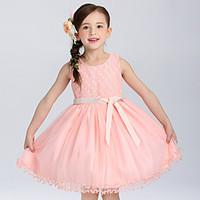 Ball Gown Short / Mini Flower Girl Dress - Cotton Satin Tulle Jewel with Bow(s) Sash / Ribbon