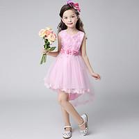 Ball Gown Asymmetrical Flower Girl Dress - Cotton Satin Tulle Jewel with Bow(s) Embroidery Flower(s) Pearl Detailing Ruffles