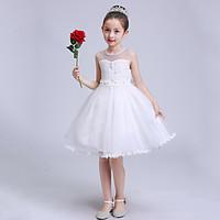Ball Gown Short / Mini Flower Girl Dress - Lace Satin Tulle Jewel with Bow(s) Buttons Crystal Detailing Pearl Detailing Ruffles