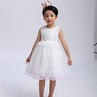 Ball Gown Short / Mini Flower Girl Dress - Cotton Satin Tulle Jewel with Bow(s) Embroidery Pearl Detailing Ruffles Sash / Ribbon