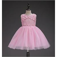 Ball Gown Knee-length Flower Girl Dress - Tulle Jewel with Appliques Beading Bow(s) Flower(s) Pearl Detailing