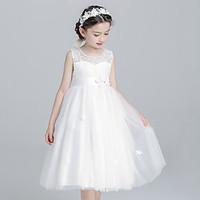 Ball Gown Tea-length Flower Girl Dress - Cotton Lace Tulle Jewel with Bow(s) Flower(s) Pearl Detailing Sash / Ribbon