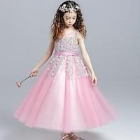 Ball Gown Tea-length Flower Girl Dress - Organza Jewel with Lace Pearl Detailing Ruching