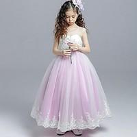 Ball Gown Tea-length Flower Girl Dress - Organza Jewel with Lace Pearl Detailing Ruching
