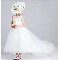 Ball Gown Asymmetrical Flower Girl Dress - Organza Jewel with Appliques Lace Pearl Detailing Ruching