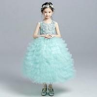 Ball Gown Tea-length Flower Girl Dress - Organza Jewel with Appliques Lace Cascading Ruffles