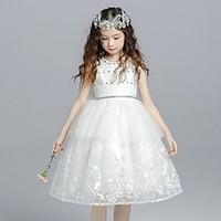 Ball Gown Knee-length Flower Girl Dress - Organza Jewel with Beading Bow(s) Crystal Detailing Lace
