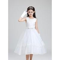 Ball Gown Knee-length Flower Girl Dress - Organza Jewel with Embroidery Lace Sashes/ Ribbons Ruffles Ruched