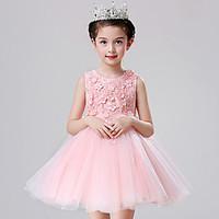 Ball Gown Short / Mini Flower Girl Dress - Cotton Satin Tulle Jewel with Bow(s) Flower(s) Lace Pearl Detailing