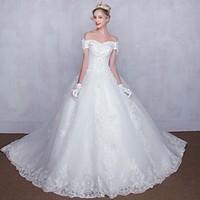 Ball Gown Wedding Dress Lacy Look Chapel Train Off-the-shoulder Tulle with Beading Lace