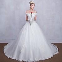 Ball Gown Wedding Dress Lacy Look Court Train Off-the-shoulder Tulle with Beading Lace