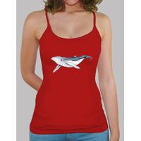 baby humpback whale - woman, suspenders, red