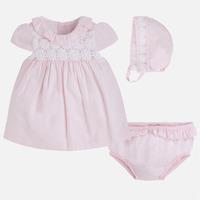 Baby girl first wardrobe dress with knickers and bonnet Mayoral
