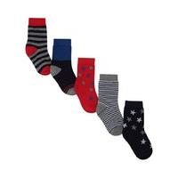 Baby boy cotton rich star stripe and colour block everyday ankle socks five pack - Multicolour