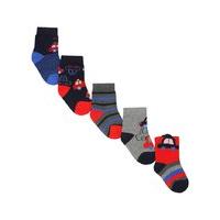 Baby boy red grey and blue car stripe print cotton rich ankle socks five pack - Multicolour