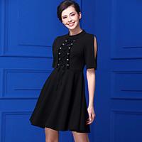 baoyan womens casualdaily simple swing dresssolid round neck knee leng ...