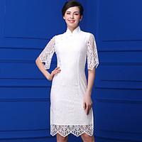 Bao yan Women\'s Casual/Daily Simple Sheath DressJacquard Stand Knee-length Length Sleeve Lace Summer Mid Rise Inelastic Medium