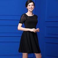 Bao yan Women\'s Casual/Daily Simple Swing DressSolid Asymmetrical Knee-length Short Sleeve Polyester Summer Mid Rise Micro-elastic Medium