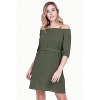 bardot long sleeve belted dress