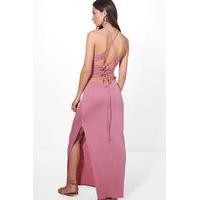 Back Lace Up Tie Maxi Dress - rose