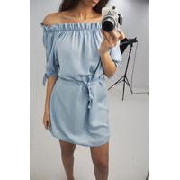 Barlie Denim bardot tie belt dress