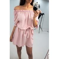 Barlie Baby Pink bardot tie belt dress