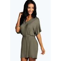 Batwing Tie Shift Dress - khaki