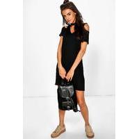 Basic V Neck Cold Shoulder Swing Dress - black