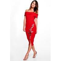 Bardot Applique Midi Bodycon Dress - red