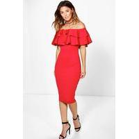 bardot layered frill detail midi dress red