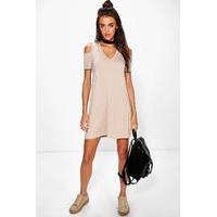 Basic V Neck Cold Shoulder Swing Dress - sand