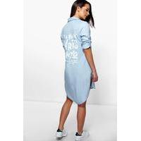 Back Print Longline Denim Shirt Dress - blue