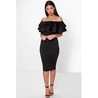 bardot layered frill detail midi dress black