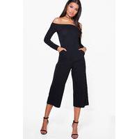 Bardot Long Sleeve Wide Leg Culotte Jumpsuit - black