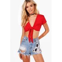 basic tie front cap sleeve crop red