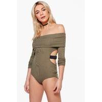 Bardot Rib Cut Out Bodysuit - khaki