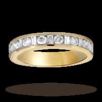 Baguette and brilliant cut 0.75 carat total weight diamond half eternity ring in 18 carat yellow gold