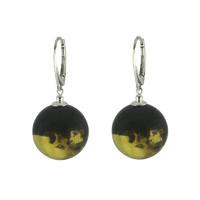 Baltic Green Amber Drop Round Silver Earrings