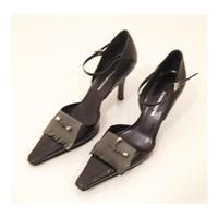 bcbgmaxazria size 55 black leather brogue style heels featuring grey l ...