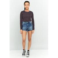 bdg mid wash raw hem mom denim shorts indigo