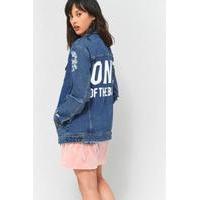 bdg one of the boys long western destroyed denim jacket light blue