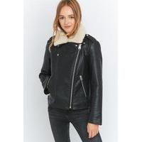 BDG Borg Collar Black Biker Jacket, BLACK