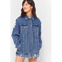 BDG Medium Wash Long Western Destroyed Denim Jacket, LIGHT BLUE